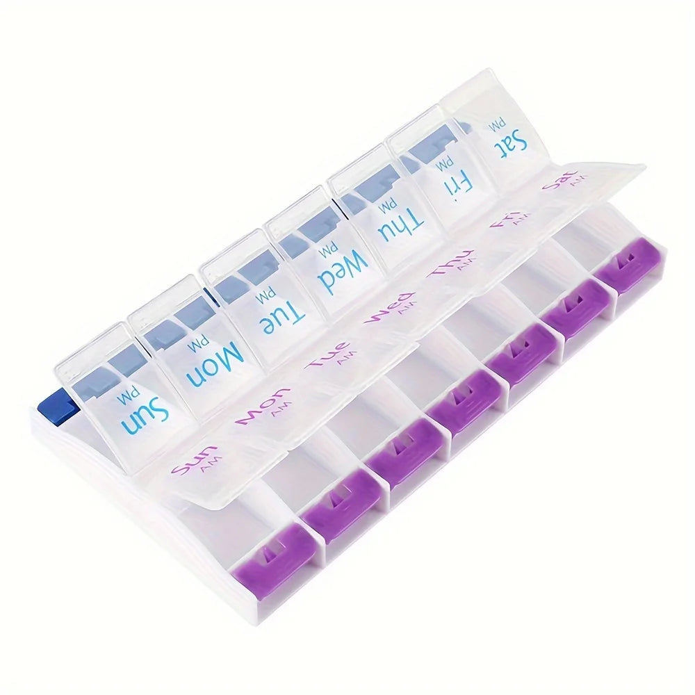 Push Button (7-Day) Pill Case, Medicine Planner, Vitamin Organizer, 2 Times a Day AM/PM, Large Compartments, Arthritis Friendly
