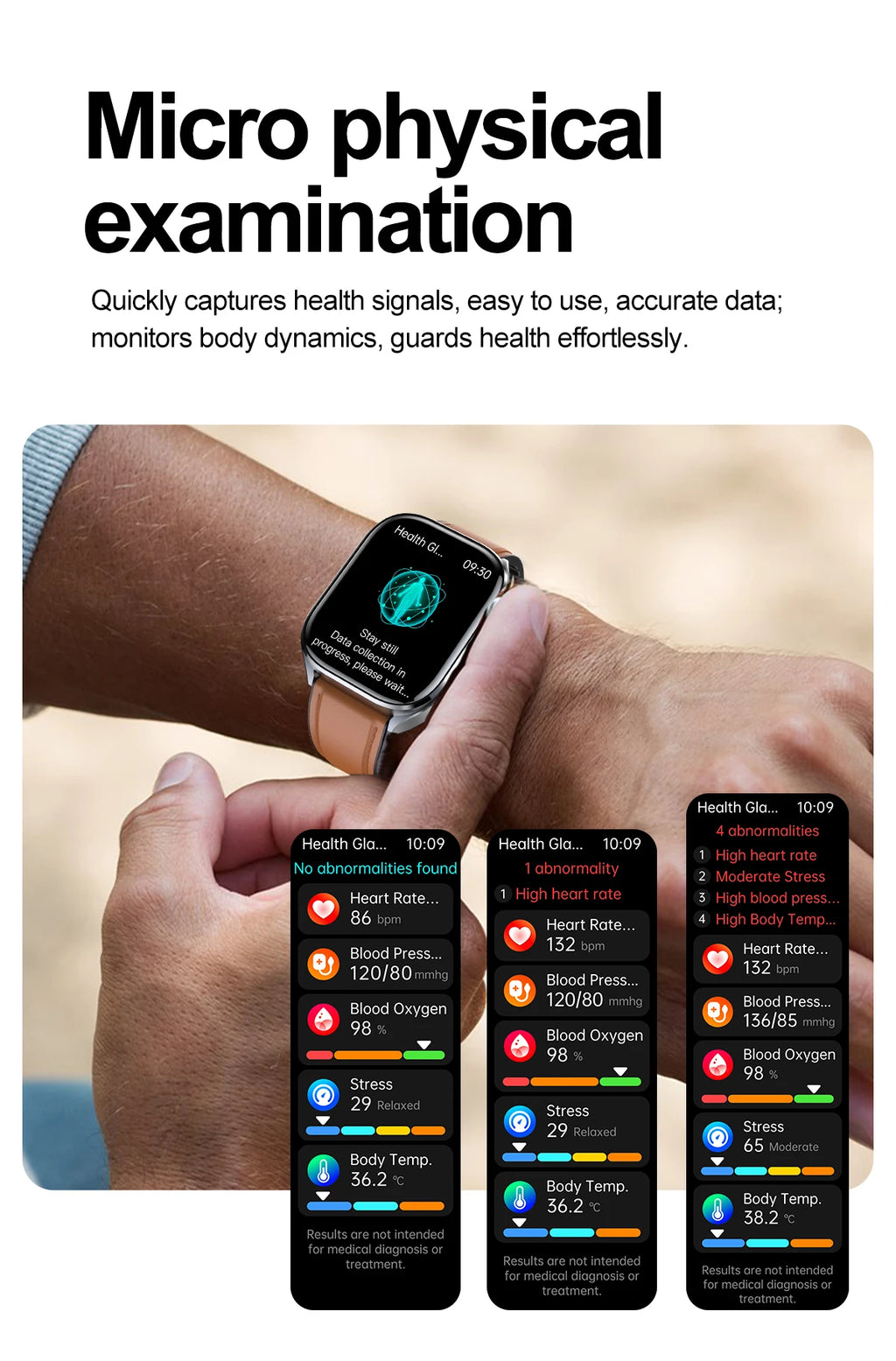 Smartwatch being used with health monitoring app on screen, showing various health metrics.