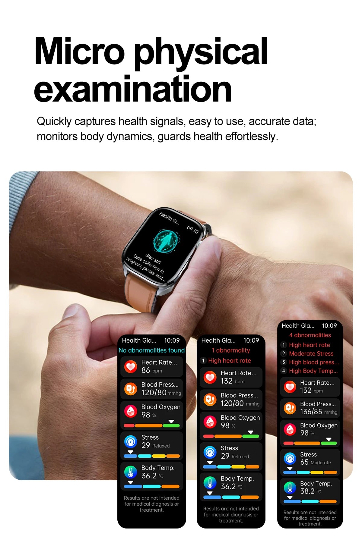 Smartwatch being used with health monitoring app on screen, showing various health metrics.