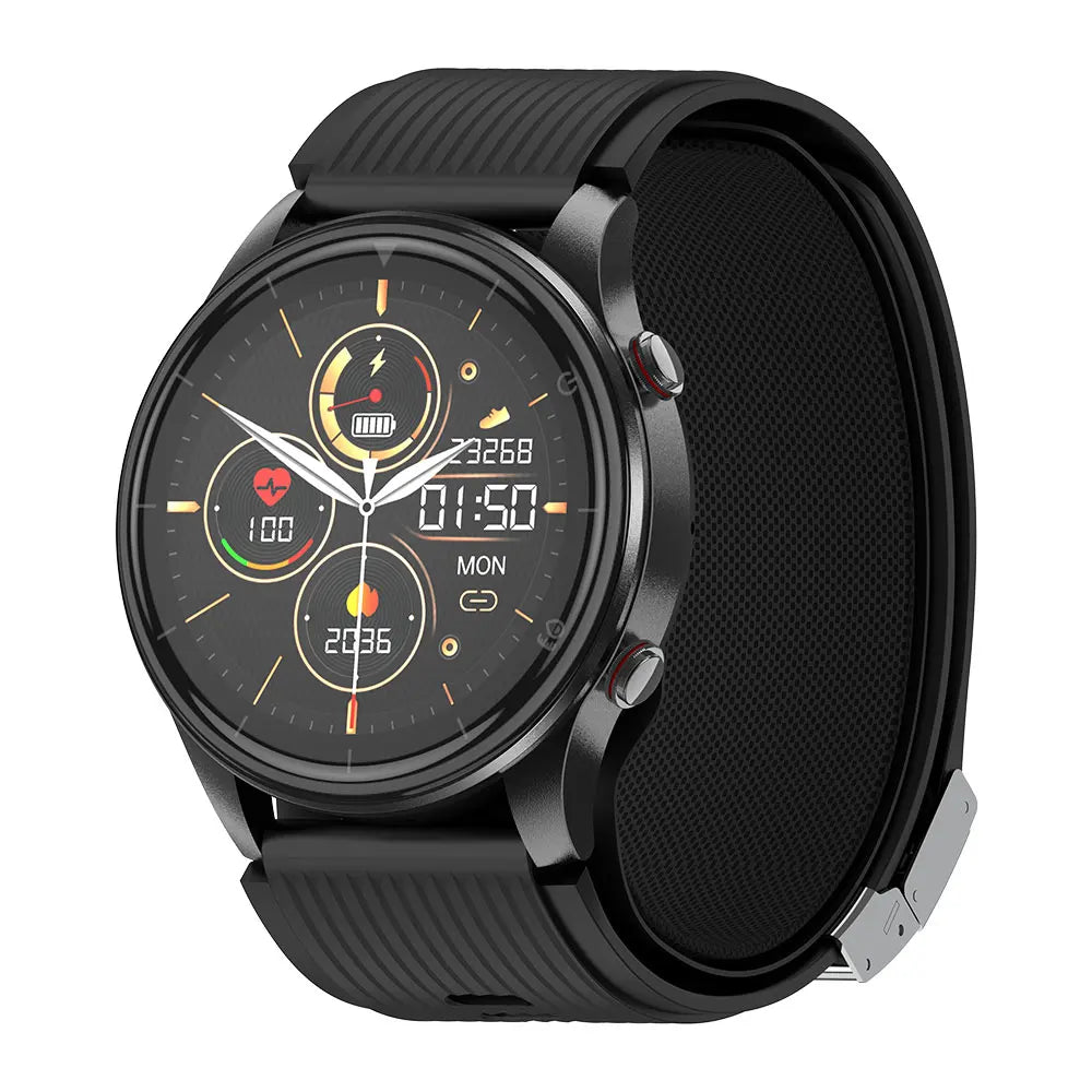 Black smartwatch with a detailed display on a white background