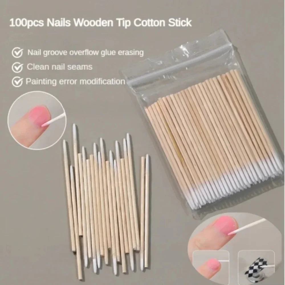 100/300/500 Nails Wooden Tip Cotton Stick Buds Disposable Ultra-Detail Corrector Nail Polish Remover Clean Sticks Manicure Tools