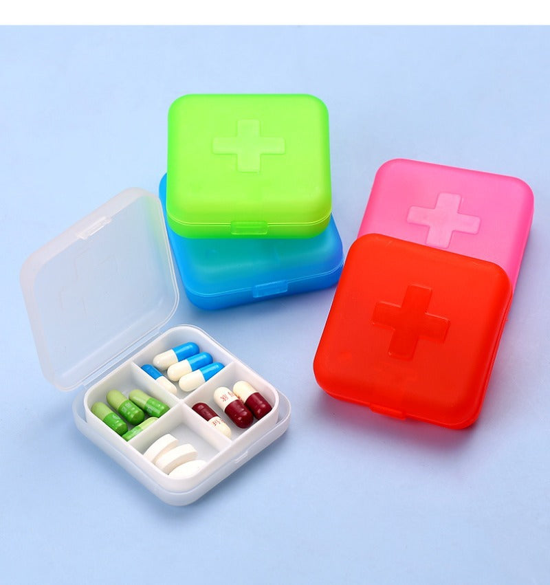 4Grids Cross Print Pill Box Portable Mini Plastic Pill Storage Pure Color Pocket Medicine Box Outdoor Home Pill Case