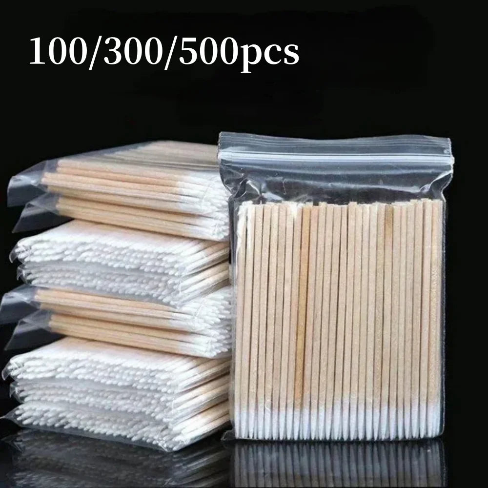 100/300/500 Nails Wooden Tip Cotton Stick Buds Disposable Ultra-Detail Corrector Nail Polish Remover Clean Sticks Manicure Tools