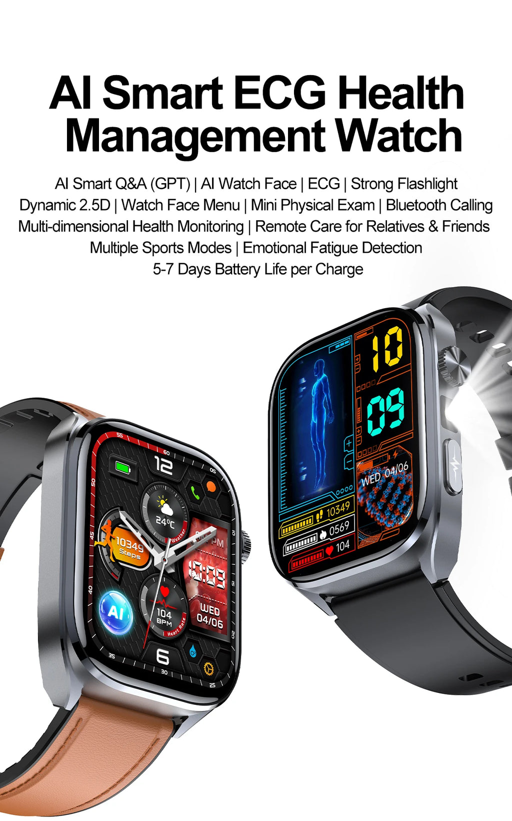 Two smart watches with colorful displays on a white background, featuring text about AI smart ECG health management watch functionalities.