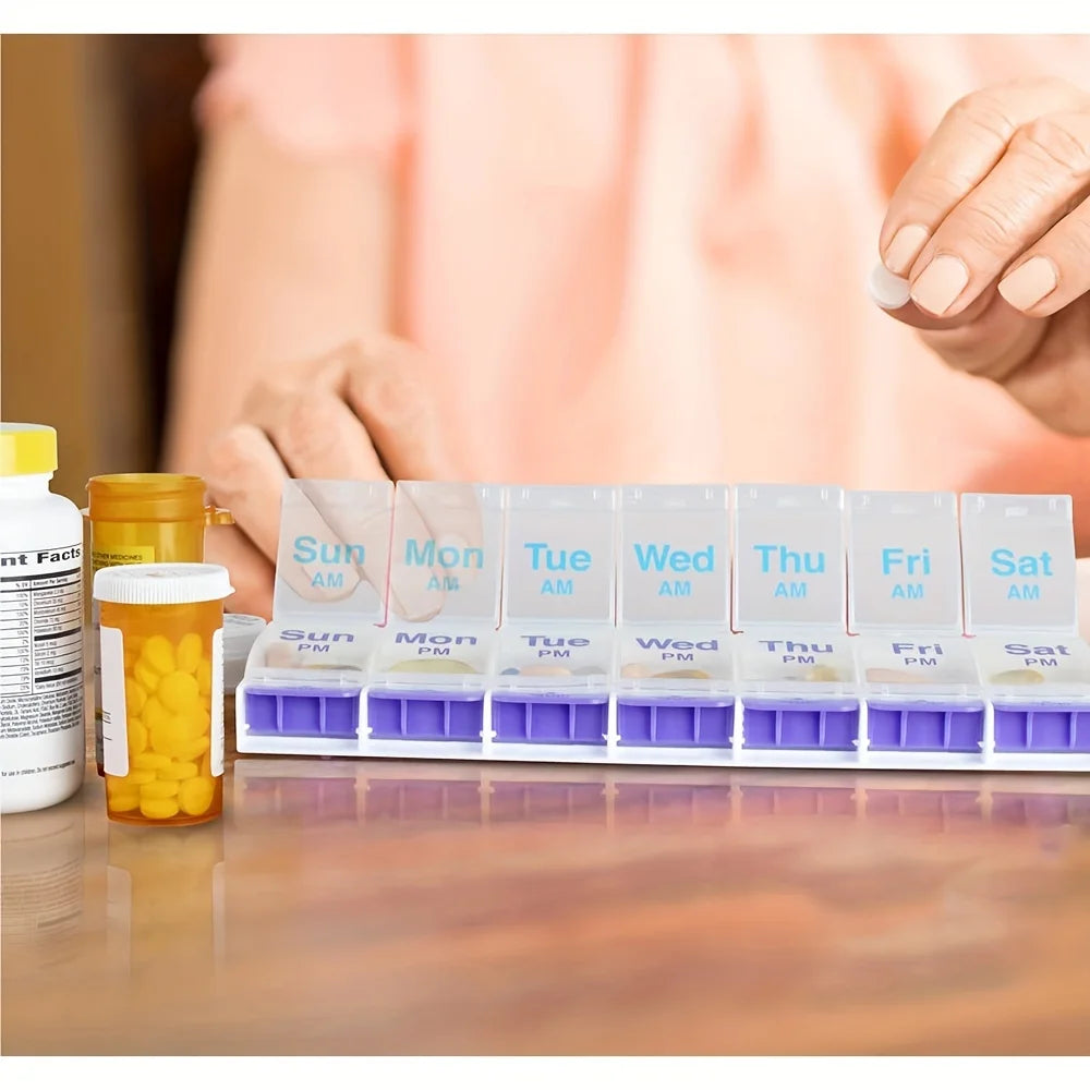 Push Button (7-Day) Pill Case, Medicine Planner, Vitamin Organizer, 2 Times a Day AM/PM, Large Compartments, Arthritis Friendly