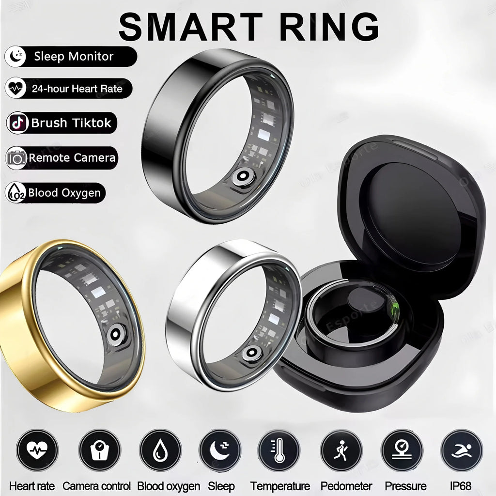 Smart ring with various features and color options on a white background