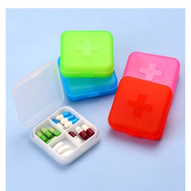 4Grids Cross Print Pill Box Portable Mini Plastic Pill Storage Pure Color Pocket Medicine Box Outdoor Home Pill Case