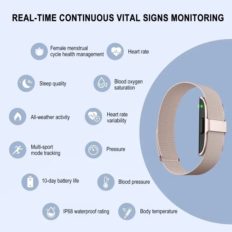 Smartwatch with features for real-time vital signs monitoring on a light blue background